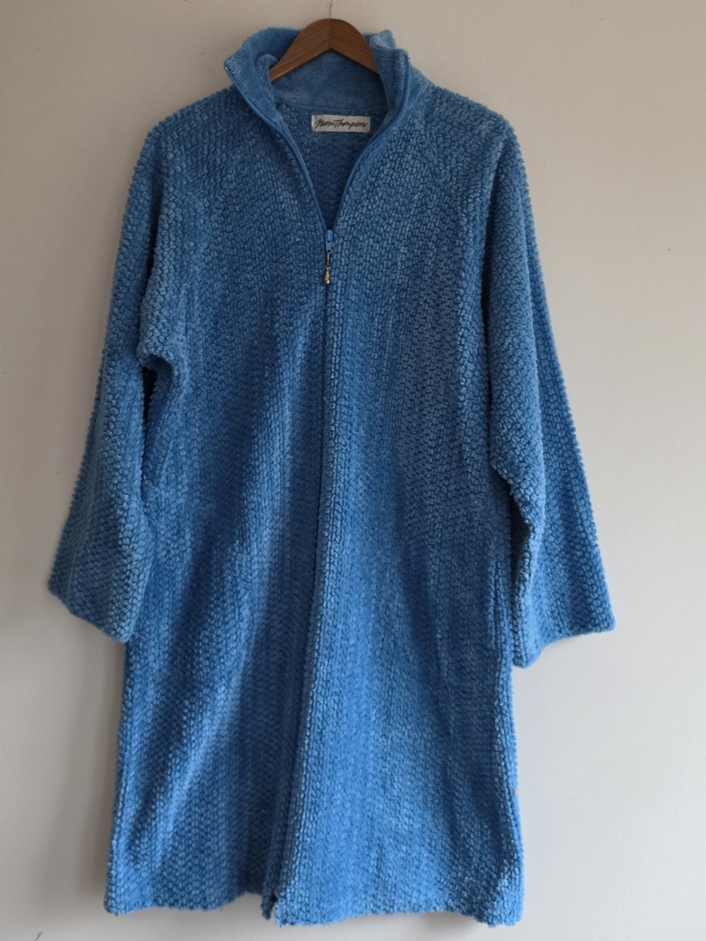 Norm Thompson Blue Textured Zip-Front Robe House Coat M Vintage